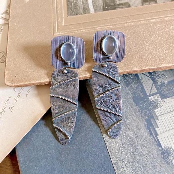 Highly Textured Artisan Made Sterling Silver Pierced Ear drop Earrings - Picture 3 of 10